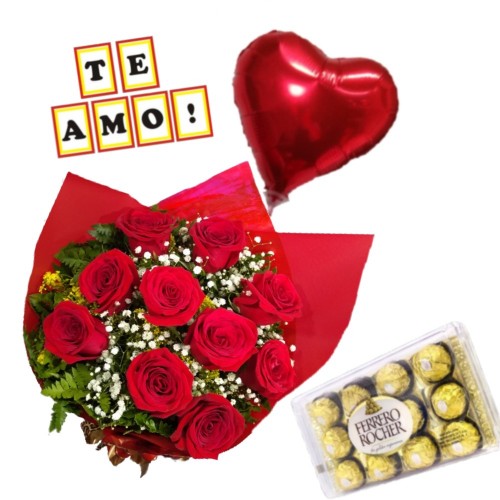 Combo Buque de 10 rosas + Ferrero Rocher com 12 und. + Plaquinha "TE AMO" + Balão Metalizado     