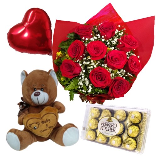 Combo Buque de 10 rosas + Ferrero Rocher com 12 und. + Balão Metalizado  + Pelúcia 