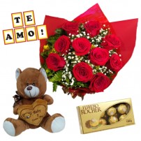 Combo Buque de 10 rosas + Ferrero Rocher com 8 und. + Plaquinha "TE AMO"  + Pelúcia 