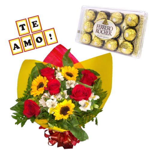 Combo Buque de 5 rosas, 3 girassóis e astromelias + Ferrero Rocher com 12 und. + Plaquinha "TE AMO"