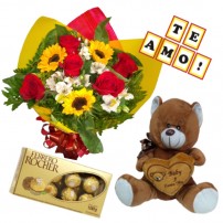 Combo Buque de 5 rosas, 3 girassóis e astromélias  + Ferrero Rocher com 8 und. + Plaquinha "TE AMO" + Pelúcia 