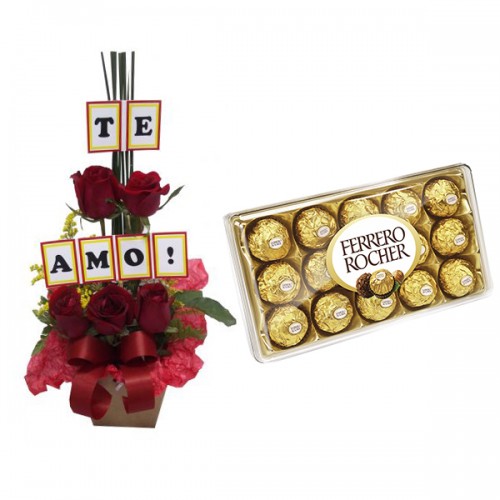 Combo Arranjo Rosas Te Amo + Ferrero Rocher com 12 und.