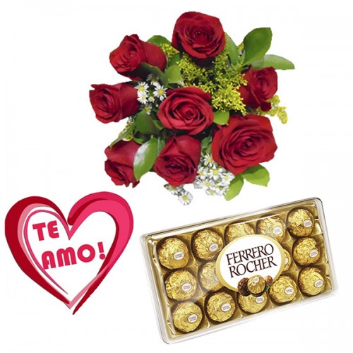 Combo Buque de 8 rosas + Plaquinha + Ferrero 12 und. 